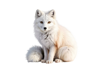 Majestic Arctic Fox with thick white winter coat and striking amber eyes sitting calmly, isolated on a transparent background