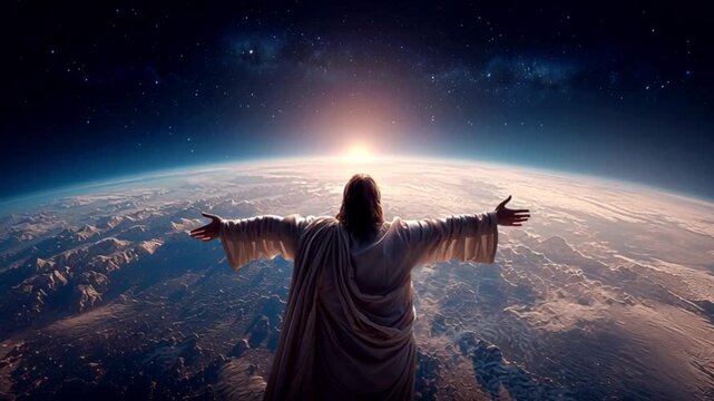 Jesus with earth in hands. Heaven opens as God comes down to earth for the final judgment. Heaven clouds