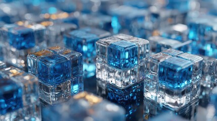Abstract Composition of Illuminated Cubes with Blue and Gold Accents in a Digital Rendering