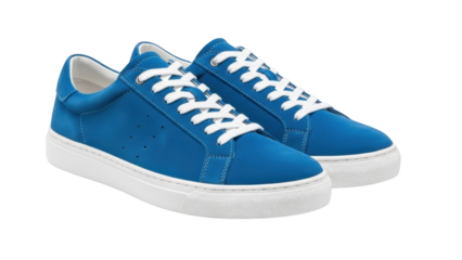 A pair of blue sneakers with white laces sits on a plain background showcasing footwear.