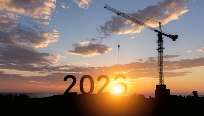 Silhouette of a construction crane with the year 2026 in large numbers at sunset with a cloudy sky and warm tones in a cityscape at dusk.