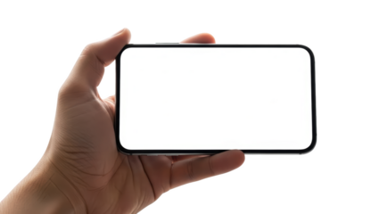 A hand holding a smartphone with a blank screen on a white background