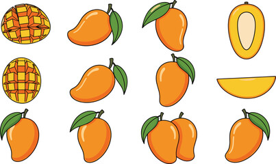 Set of colorful cartoon mango icons, whole and sliced fruit with seed and cube pattern cut, vector graphic for tropical food and juice. © Umme