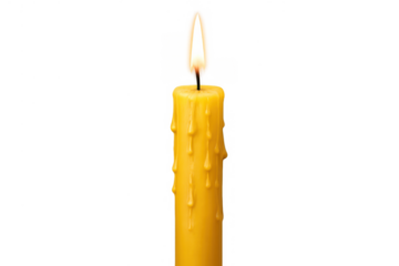 Yellow burning candle with dripping wax, glowing flame illuminating spirituality, hope, and remembrance on transparent background