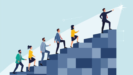 Team climbing stairs towards success and leadership.