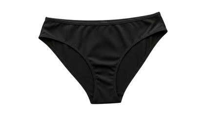 A black bikini bottom lies on a white surface in a studio setting for product display purposes.