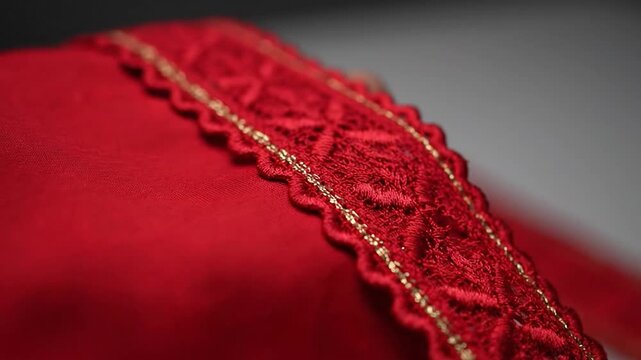 Textured deep red fabric with ornate scalloped lace trim and shimmering gold thread
