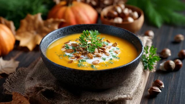 Warm creamy pumpkin soup in a rustic wooden bowl garnished with herbs and pumpkin seeds alongside crusty bread
