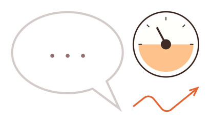 Speech bubble with ellipsis, speedometer showing progress, and upward arrow signifying growth. Ideal for productivity, efficiency, communication, progress, feedback, performance and motivation