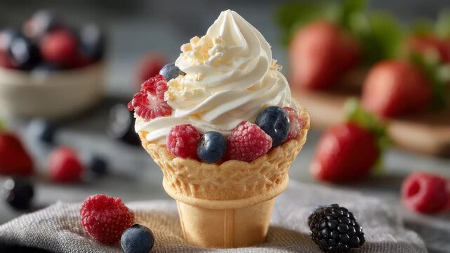 Soft serve ice cream cone topped with fresh berries and crunchy toppings