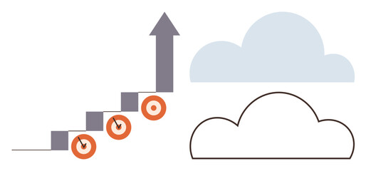 Arrow climbs staircase with targeted steps pointing skyward towards a cloud, symbolizing growth, goal achievement, and future aspirations. Ideal for progress, success, planning, growth, aspiration
