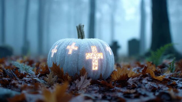 White pumpkin with cross shaped cutouts illuminated by light resting on fallen autumn leaves in a foggy forest cemetery