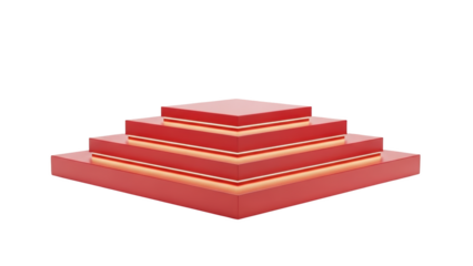 A 3D illustration of a red pyramid structure with glowing orange lights from within