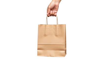 A hand holds a brown paper shopping bag on a white background.