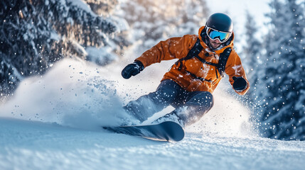 Snowboarder slides at ski slope. Man snowboarder riding on slope.