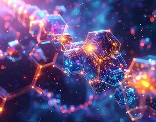 Illuminated crystal-like structure with a network of orange and blue lights