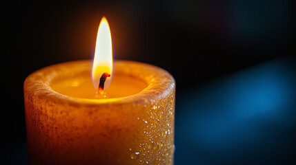 Yellow candle light burn against black background. Golden light of candle flame