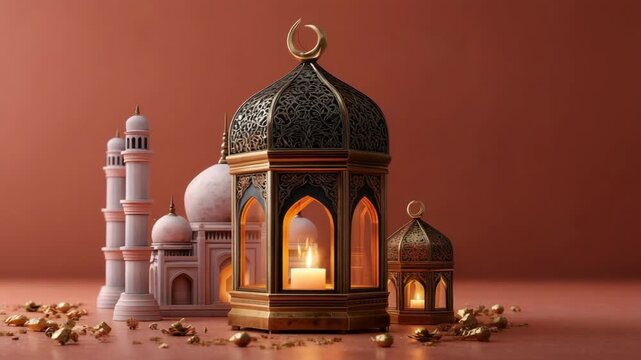 Elegant Islamic architecture with lanterns and mosque model