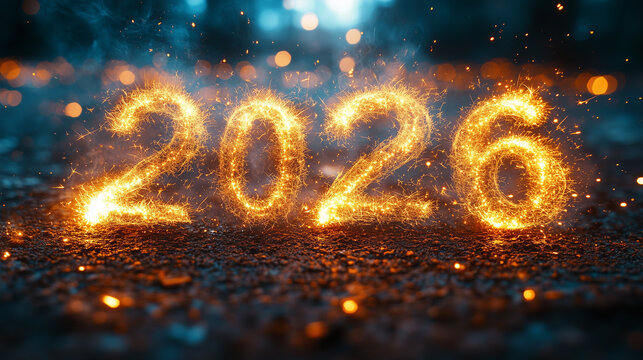 2026 Happy New Year Greeting Card. Year 2026 in sparkler font and firework