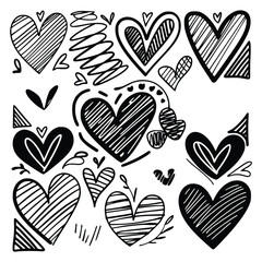 Creative heart logo collection on white background, hand-drawn and brush-style heart symbols