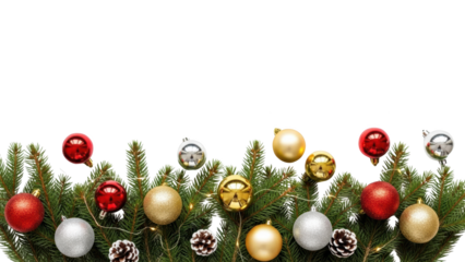 Christmas tree branches decorated with shiny red, gold, and silver ornaments on a white background