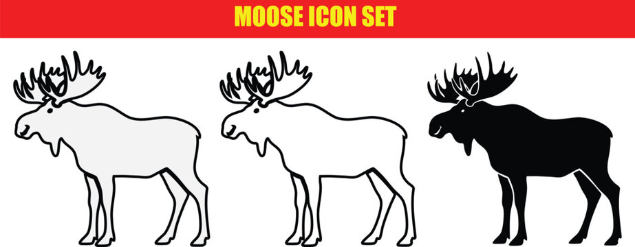 Moose icon set with black and white moose silhouettes and outlines