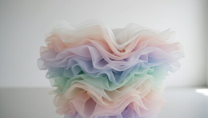 Fototapeta premium Soft Pastel Layers of Ruffled Tulle Fabric Displaying Delicate, Flowy Textures