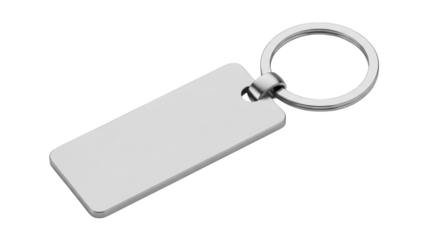 A shiny metal keychain with a blank rectangular tag is shown on a white background