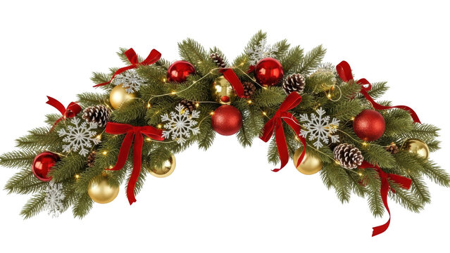 A festive Christmas garland with red and gold ornaments, pinecones, and ribbons on a white background, viewed from the front.