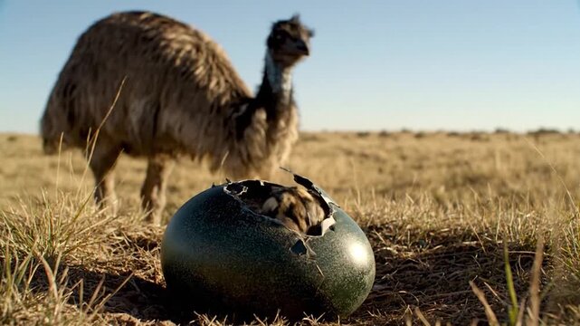 Emu Chick Hatching From Egg With Mother Watching in Australian Grassland