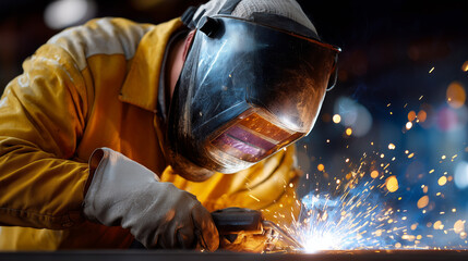 The image shows a close-up of a skilled construction worker performing welding work. The worker is wearing protective gear, including a welding helmet, gloves, and a heavy jacket, to ensure safety. Br