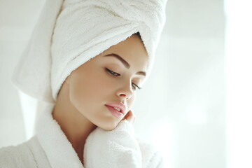 Close-up of a girl with a white terry towel on her head and a white terry bathrobe. Advertisement for terry products, soft touch.