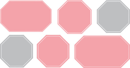 Collection of six stylized shapes octagons and rectangles with dashed borders in pink and grey on transparent background