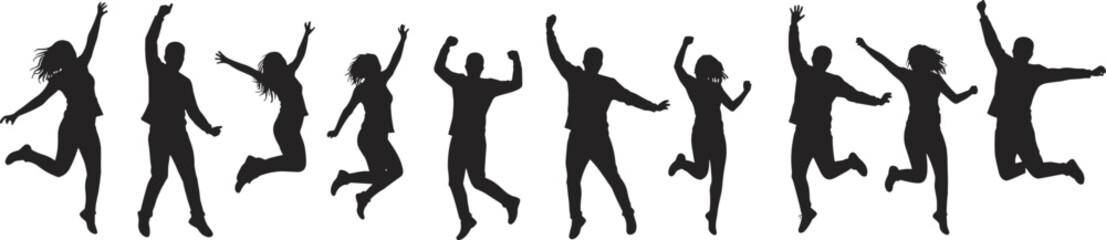 Jumping silhouettes, expressive movement, joyful people, black figures, mid-air pose, celebration, freedom, energy, dynamic posture, happiness, urban life, motion, group unityte 
