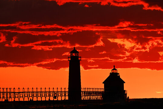 Lighthouses at sunset  with red sky