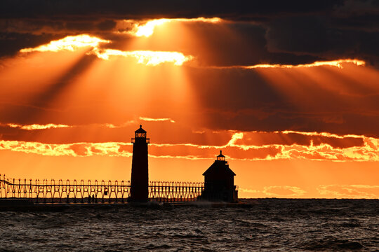 Lighthouses at sunset  with dramatic sky