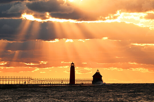 Lighthouses at sunset  with dramatic sky