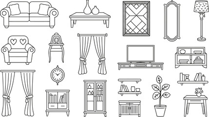 Set of living room furniture line art icons including sofa armchair curtains television cabinet bookshelves and home decor for interior design. © Rozina Creative