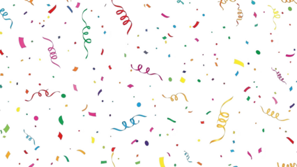 Colorful confetti and ribbons fall from above in celebration