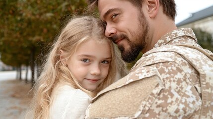 Fototapeta premium Emotional Reunion Between Soldier and Girl in Outdoor Setting