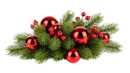 A festive arrangement of Christmas tree branches adorned with shiny red ornaments and berries on a white background.