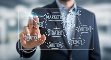 Businessman touching a digital marketing strategy mind map with icons for web, social media, content, trends, solution, and job