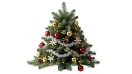 A decorated Christmas tree with red and gold ornaments stands alone.