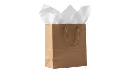 A brown paper shopping bag with white tissue paper is standing upright on a plain background.