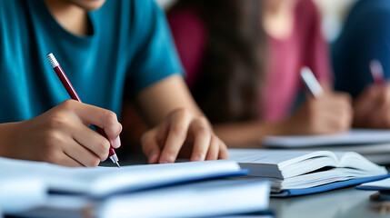 Dedicated students immersed in their academic pursuits, pens in hand, engaged in focused learning and note-taking. Education, studying, and the pursuit of knowledge.
