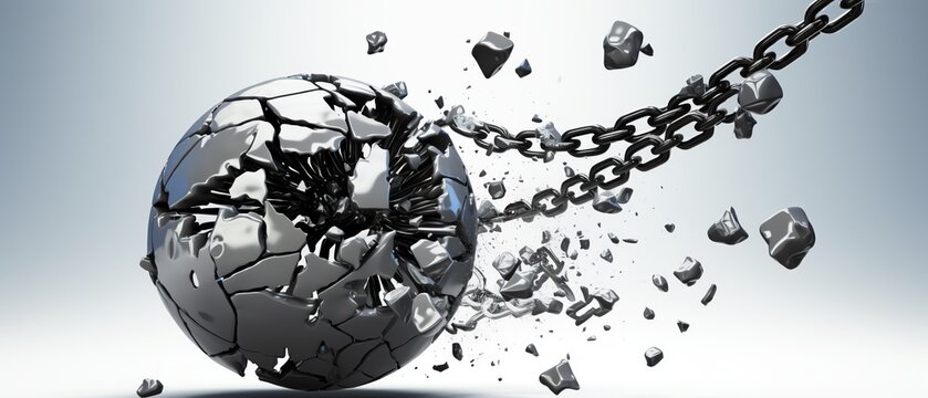 Digital artwork of a breaking chain and ball.