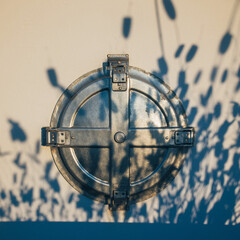 A close-up view of a metal porthole with shadows cast on a wall behind it
