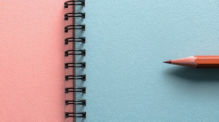Close Up of Open Spiral Notebook with Red and Blue Glitter Pages and an Orange Pencil Lying Across