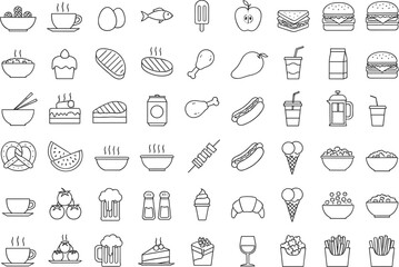 Fototapeta premium A massive vector set of clean black outline food and beverage icons, featuring fast food, desserts, produce, and drinks, perfect for restaurant menus, food apps, and extensive culinary graphic design.