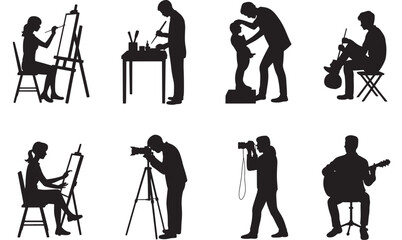 Artists at work in various creative silhouettes in black and white minimalist style for graphic design